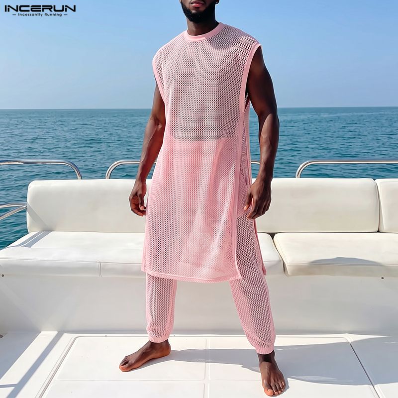 Mens Fashion Vest - INCERUN Men Sets Mesh See Through