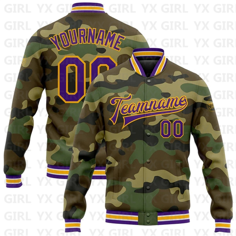 Varsity Jacket Letterman - Custom Camo Purple-Gold Full-Snap Varsity Letterman