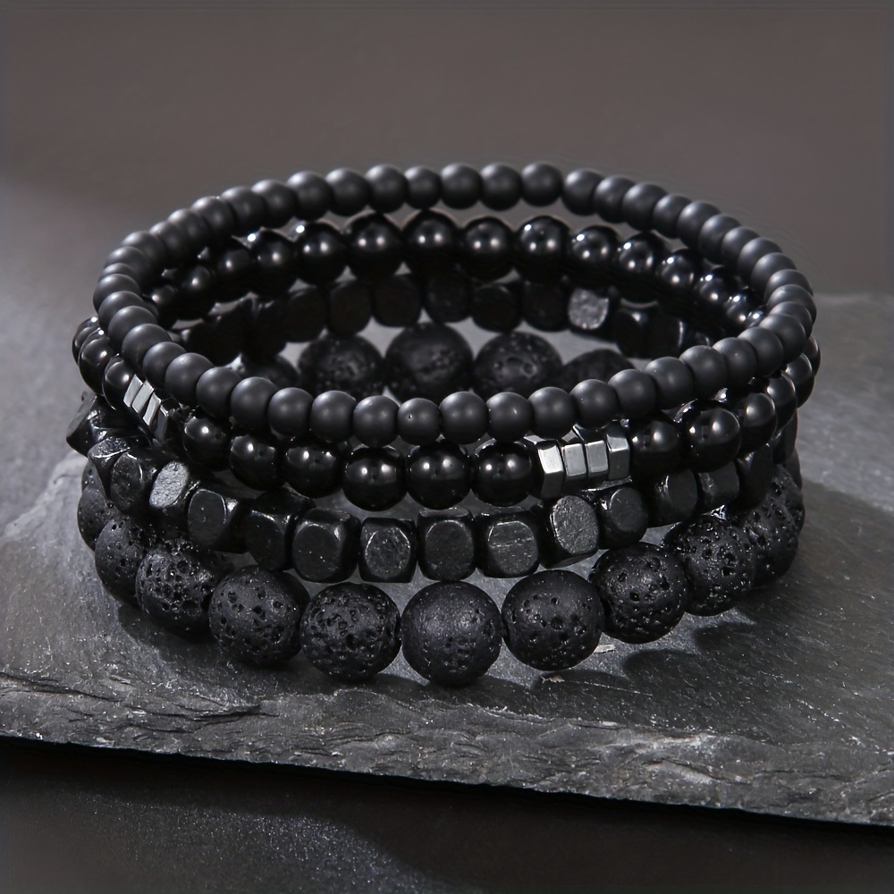 Mens Fashion Combination - 4Pcs/Set Black Gall Stone Volcanic Stone